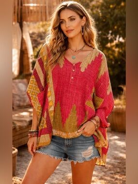NEW!! ☮️ Kantha Bae Mini Muu Patchwork Boho Oversized Top 🌺